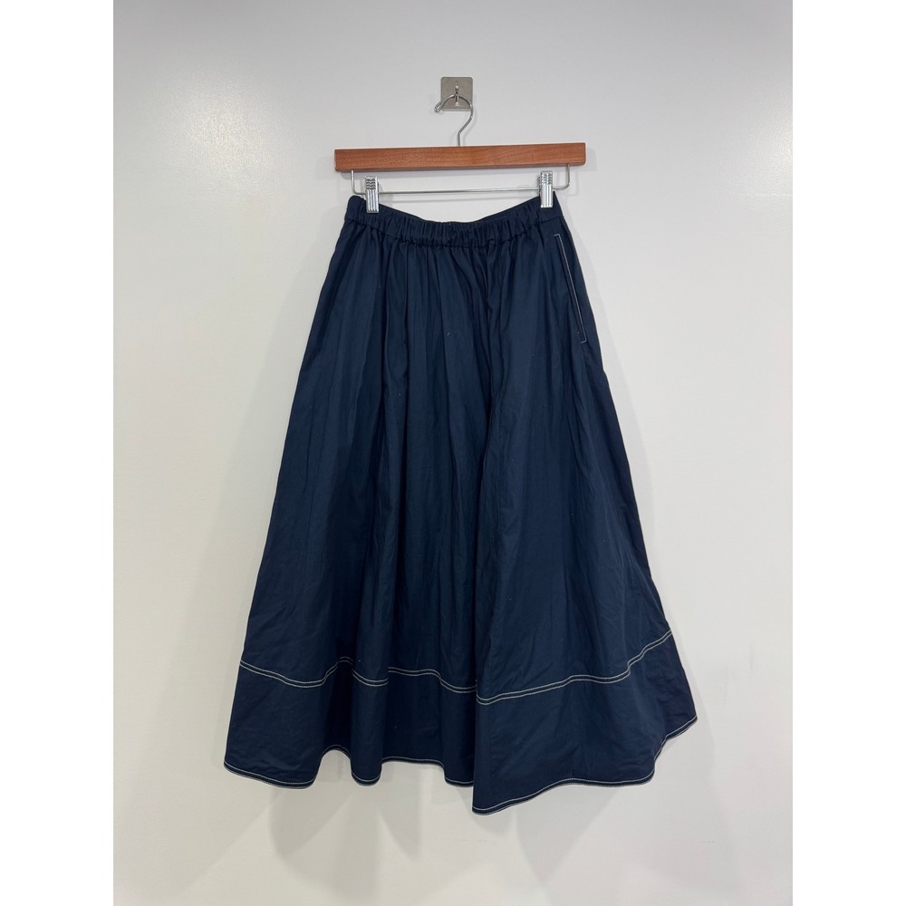 J. Crew Women Blue Cotton Poplin Contrast Stitch Midi Skirt Size 0